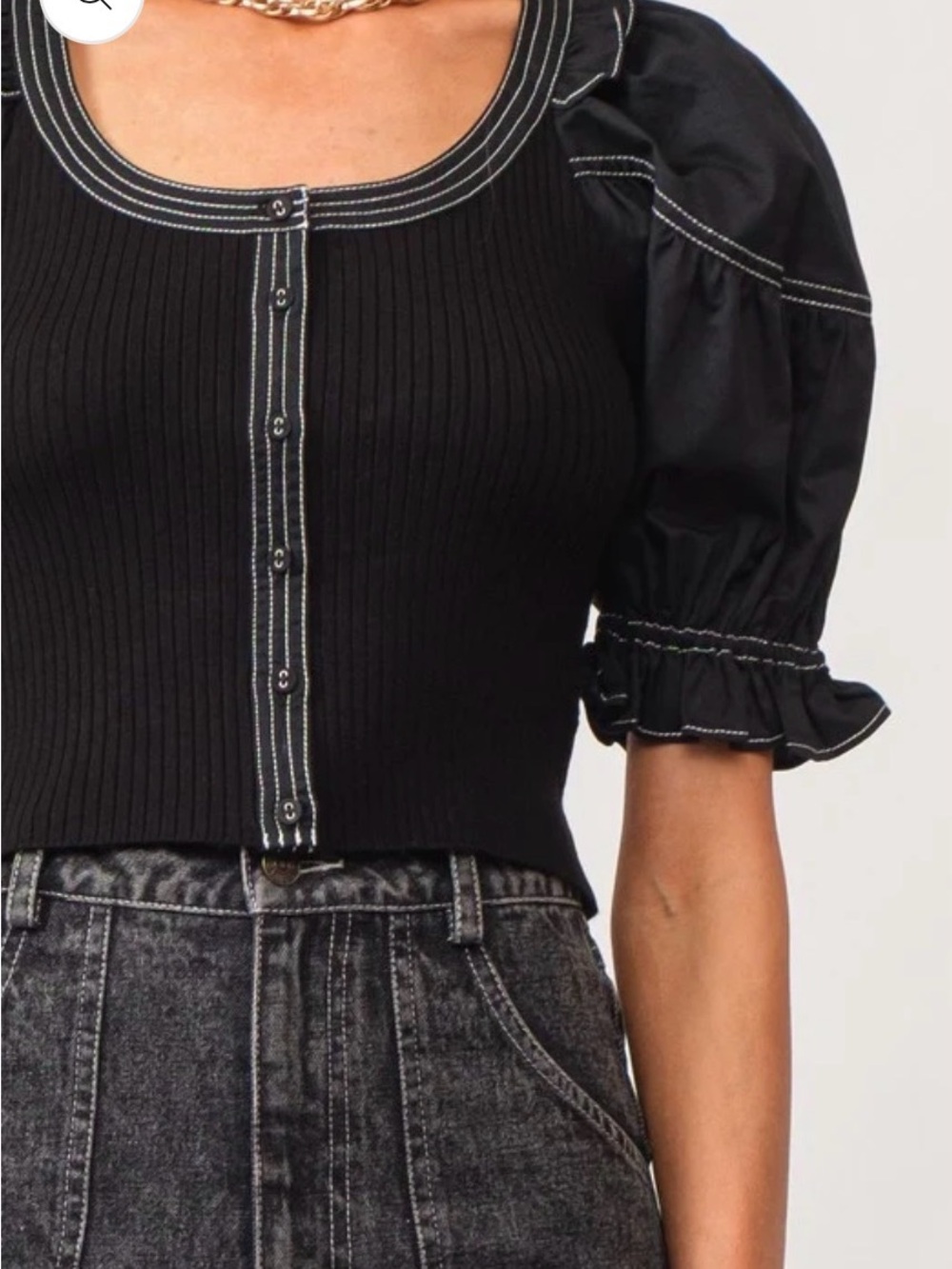 bohme Black Ribbed Puff Sleeve Button-Front Crop Top